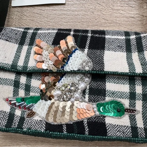 Anthropologie The Fiona Beaded Shoulder Bag Animal Edition Duck Plaid Green - Picture 6 of 13